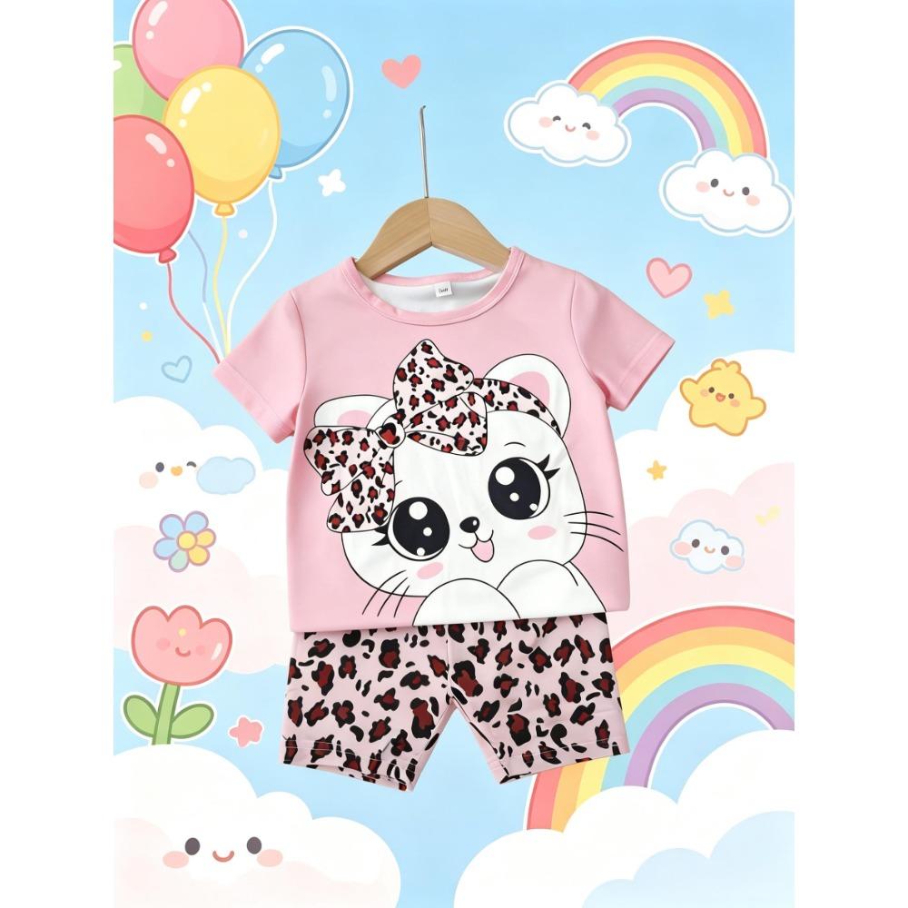 Sweet Cool Style Cartoon Cat Leopard Print Girls Short Sleeve Shorts Set 100