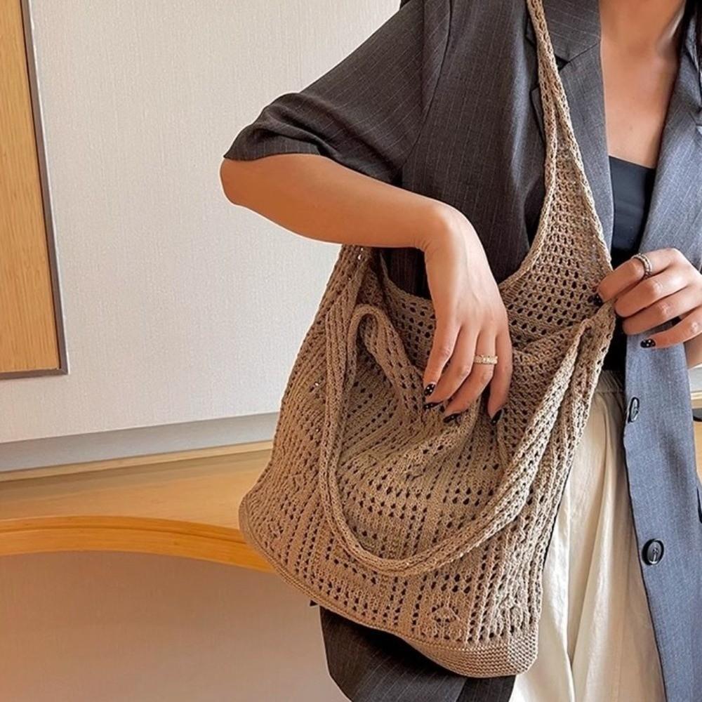 Solid Color Knitting Shoulder Bag Hollow Woven Beach Tote Bag Bohemian Style Large Capacity Shopping Handbag Daily