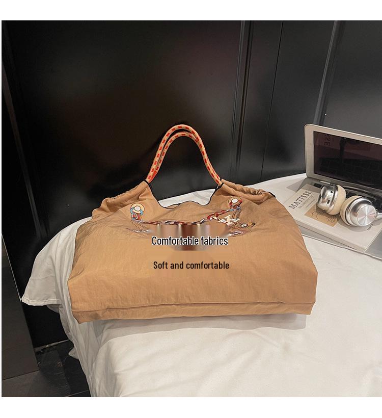 2026 Spring Japanese Style Eco-friendly Nylon Embroidered Tote - Large Capacity Casual Single Shoulder Bag for Women
