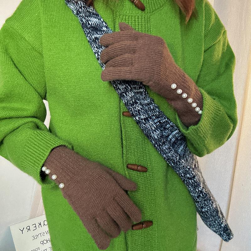 Korean Style Autumn/Winter Pearl Fingerless Touchscreen Wool Gloves for Women