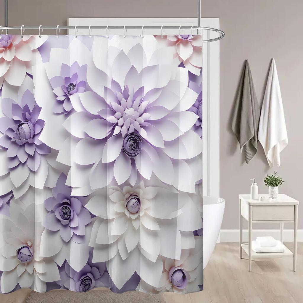 1Pc Gradient Purple Floral Print Shower Curtain With Hooks, Polyester Fabric Machine Washable Art And Floral Design For Bathroom