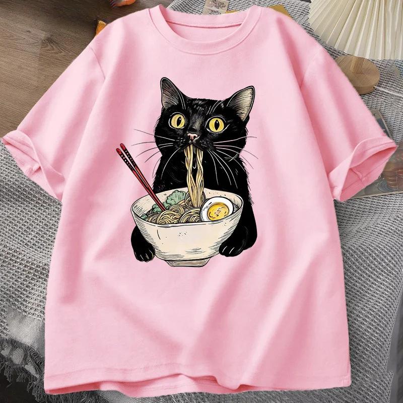 Noodle Cat Print Short-sleeved Personalized Street Stylish Versatile Loose Sweatshirt T-shirt