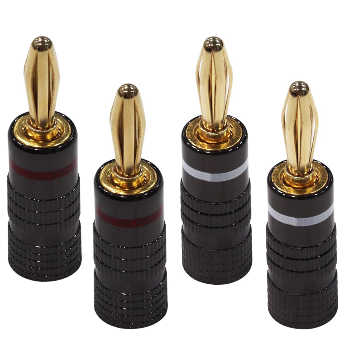 

Аудіофільська штекер типу «банан», червоно-білий набір, чиста мідь без пайки, позолочена, легке встановлення, подвійне гвинтове кріплення, сумісний із аудіо від 12 AWG до 18 AWG