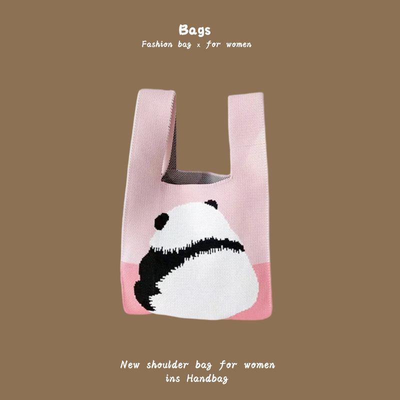 Ins Trendy Handbag Women'S Knitted Wool Bucket Bag Hand Carry Casual Tote Bag Box Lunch Bag