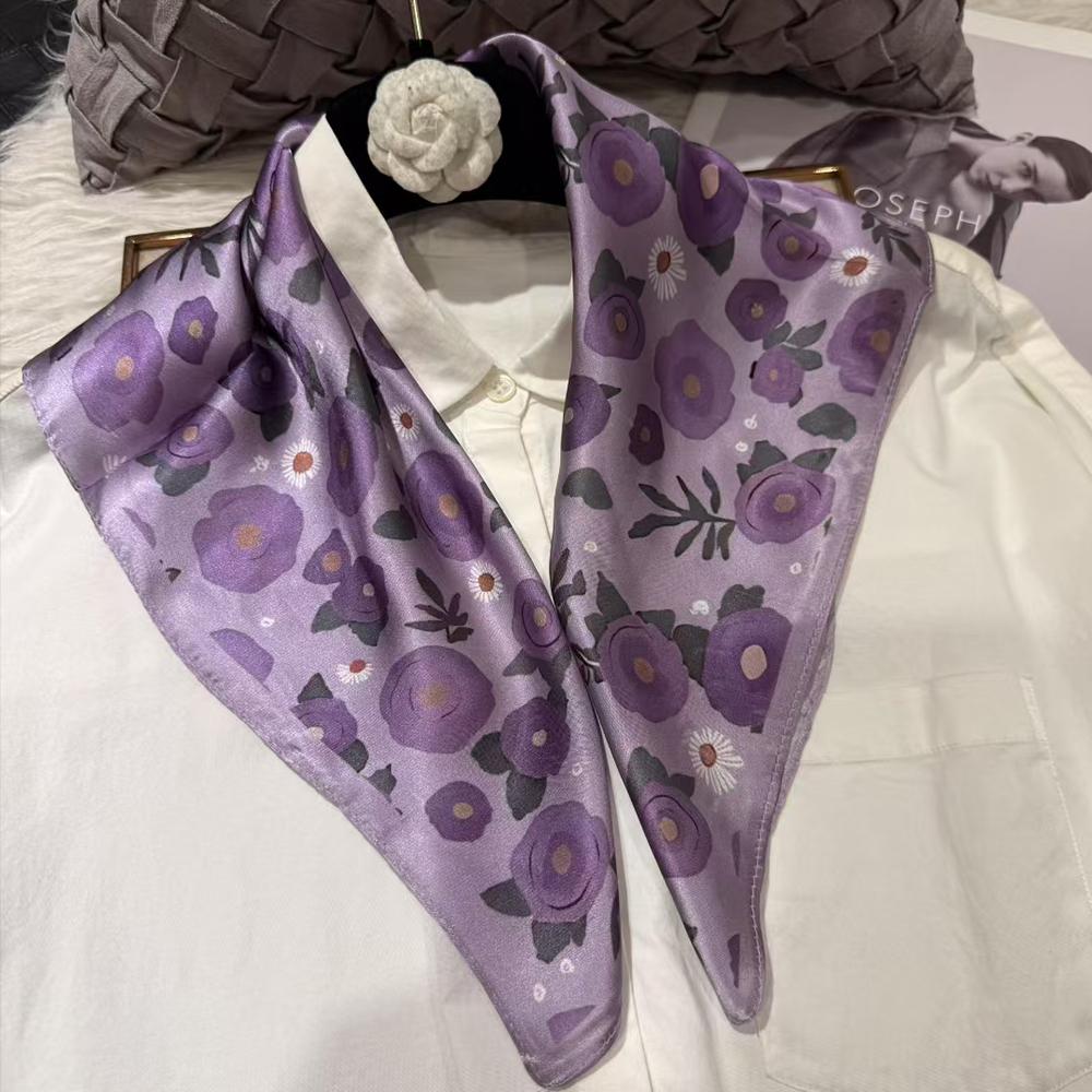 

[BYSIFA] Blue White Women Fashion Plaid Pattern 100% Silk Scarf Small Square Scarves Elegant Leaves Ladies Head Scarf Headband