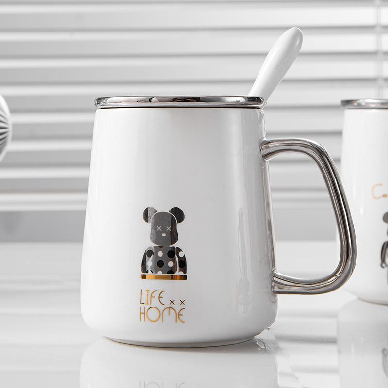 Mug with Lid Spoon Ceramic Cup for Women Home Couple Water Cup Office Coffee Cup for Boys Tea Cup High Appearance