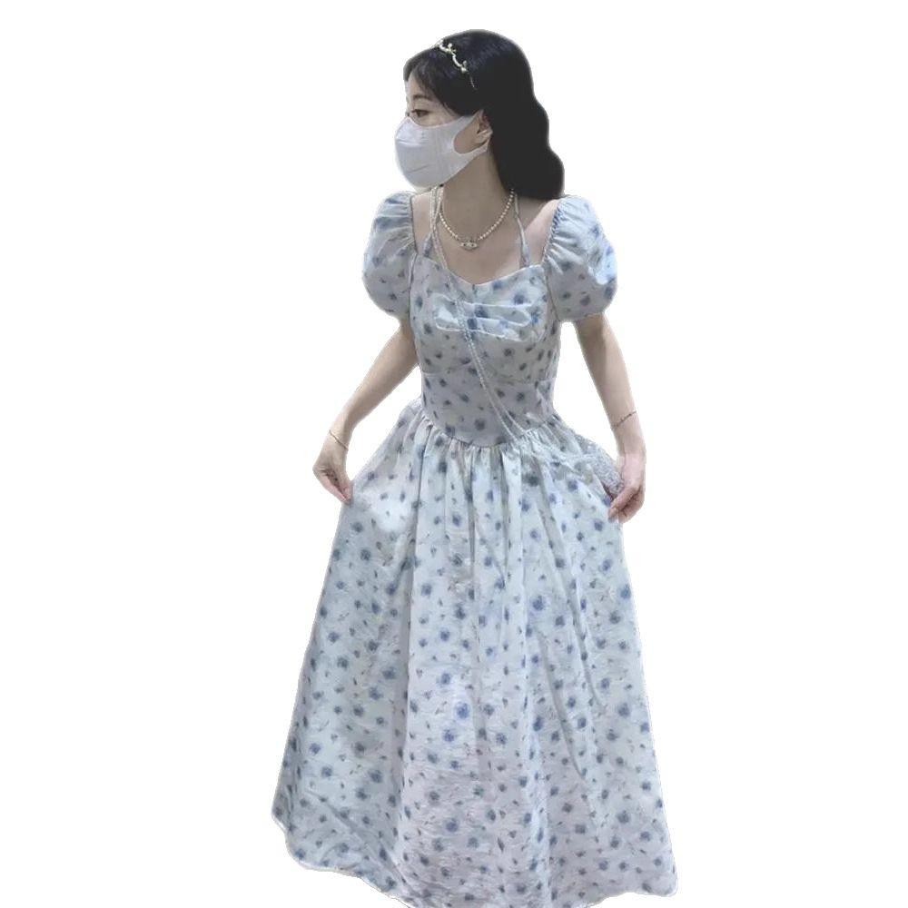 Coffee break French floral dress women's summer neck strap temperament sweet and beautiful milk fufu gentle first love long dress