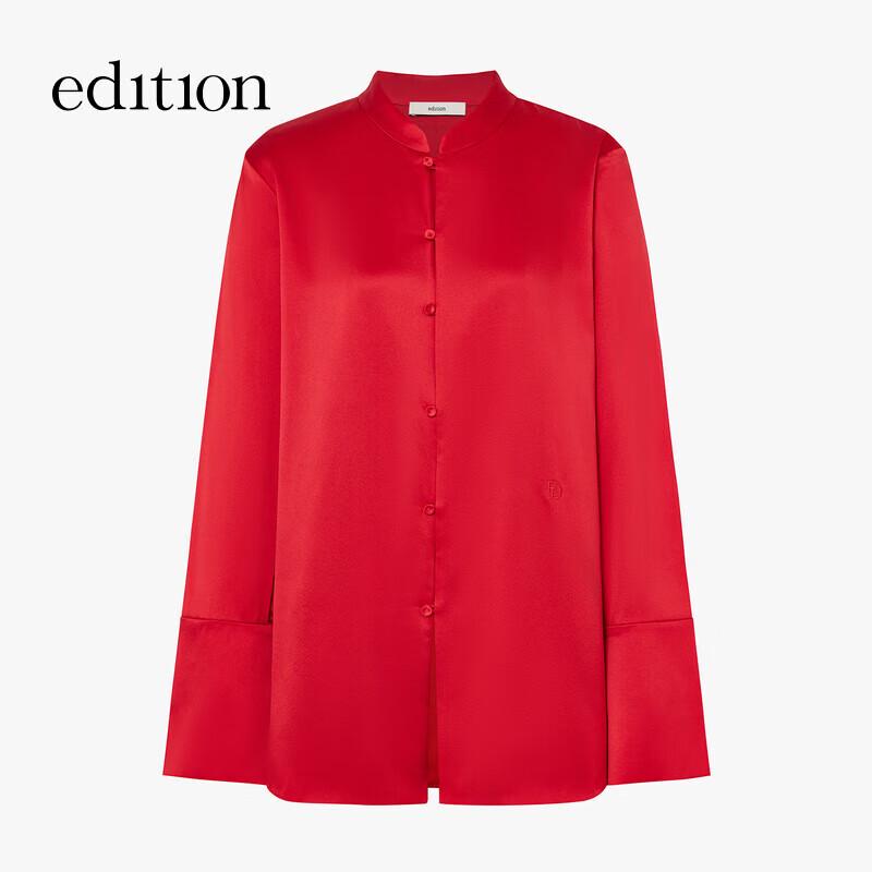 Edition Women's New Chinese Style Red Silk Tie-Front Long-Sleeve Blouse