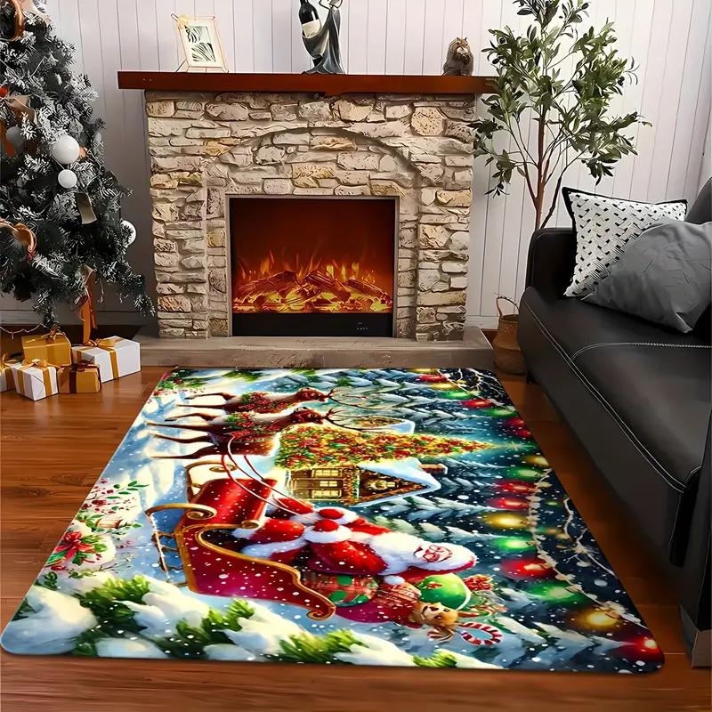 Christmas Living Room Rugs Santa Sleigh Design Merry Christmas Print Holiday Decor Mats for Festive Home