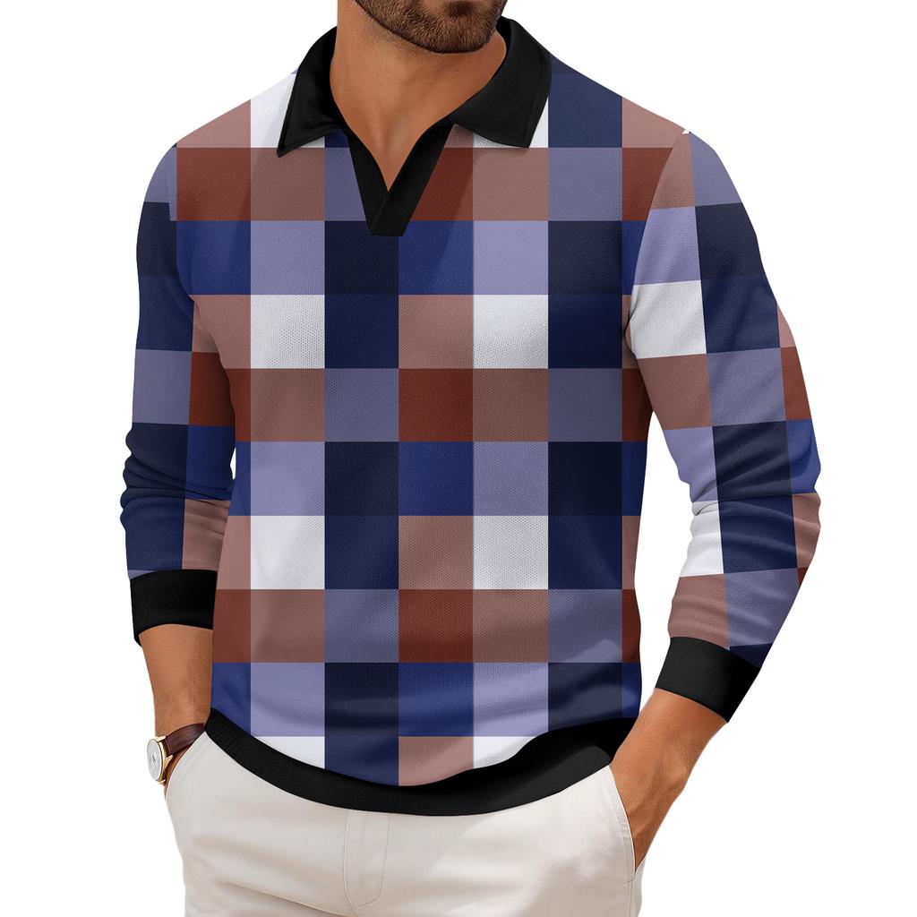 Men's Casual Fashion Printed Lapel Long-sleeved Knitted Bottoming Shirt Top