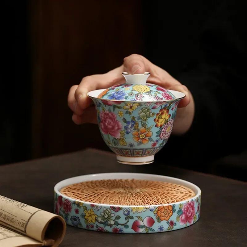 Chinese Enamel Color Ceramic Gaiwan Pot Bearing Handmade Flowers Porcelain Tea Bowl Teacup Household Tea Infuser Travel Teaware