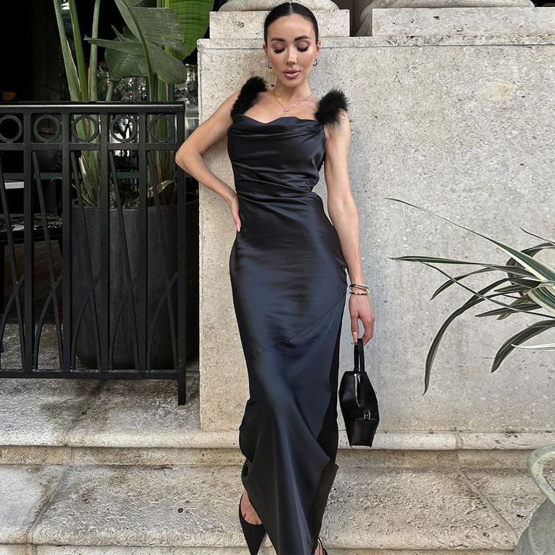 

INS Черное платье-майка Летнее Новое Сатиновое Black L