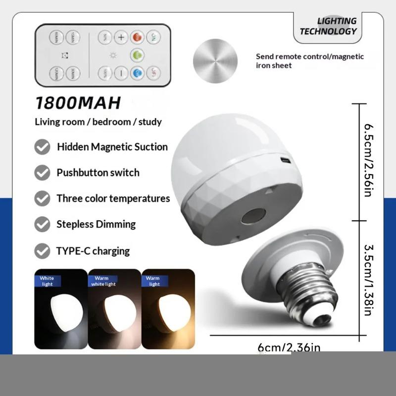 15 Color RGB Dimmable LED Light Bulb Rechargeable 1800mAh USB-C Charging Warm Cool White Lamp with Remote Control for Home Bedroom Decor 5W-1800mAh,12-14H