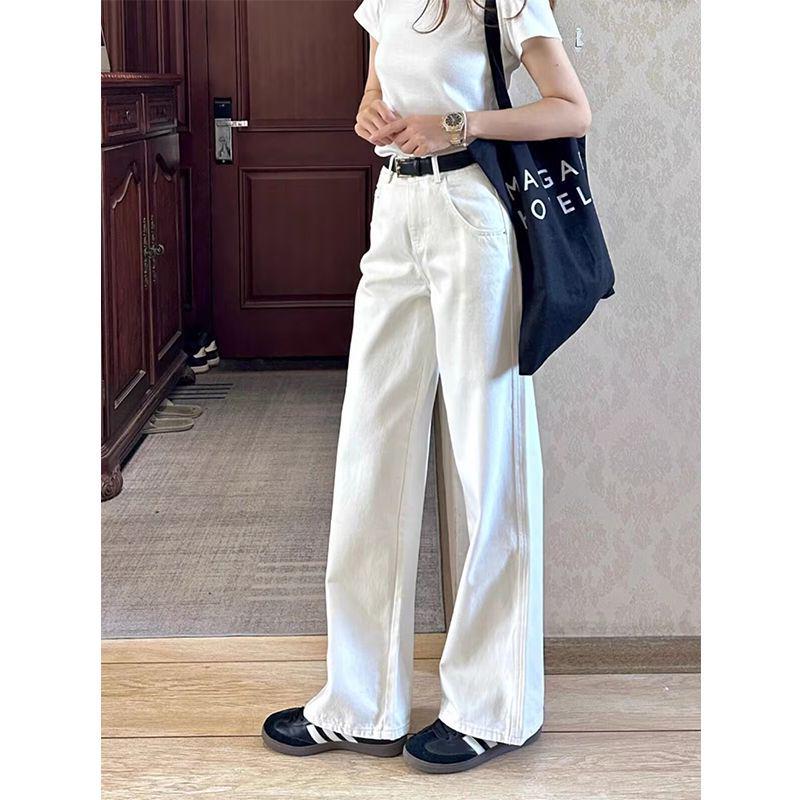 

Women s Petite High-Waisted White Straight-Leg Jeans - Slimming Loose Fit, Versatile Spicy Girl Style, Floor-Length. Medium белый