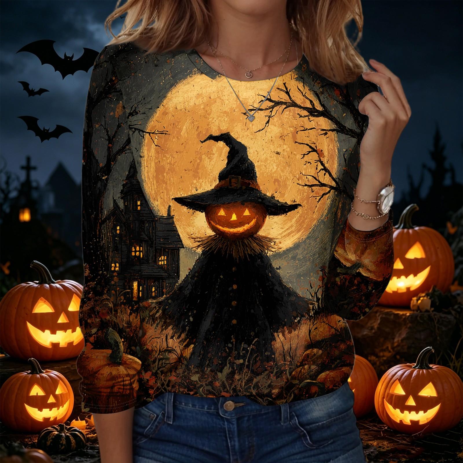 Women s Halloween Print Pullover Sweatshirt Long Sleeve Crewneck Top Casual Loose Fit Lightweight Pullover XXXL хаки