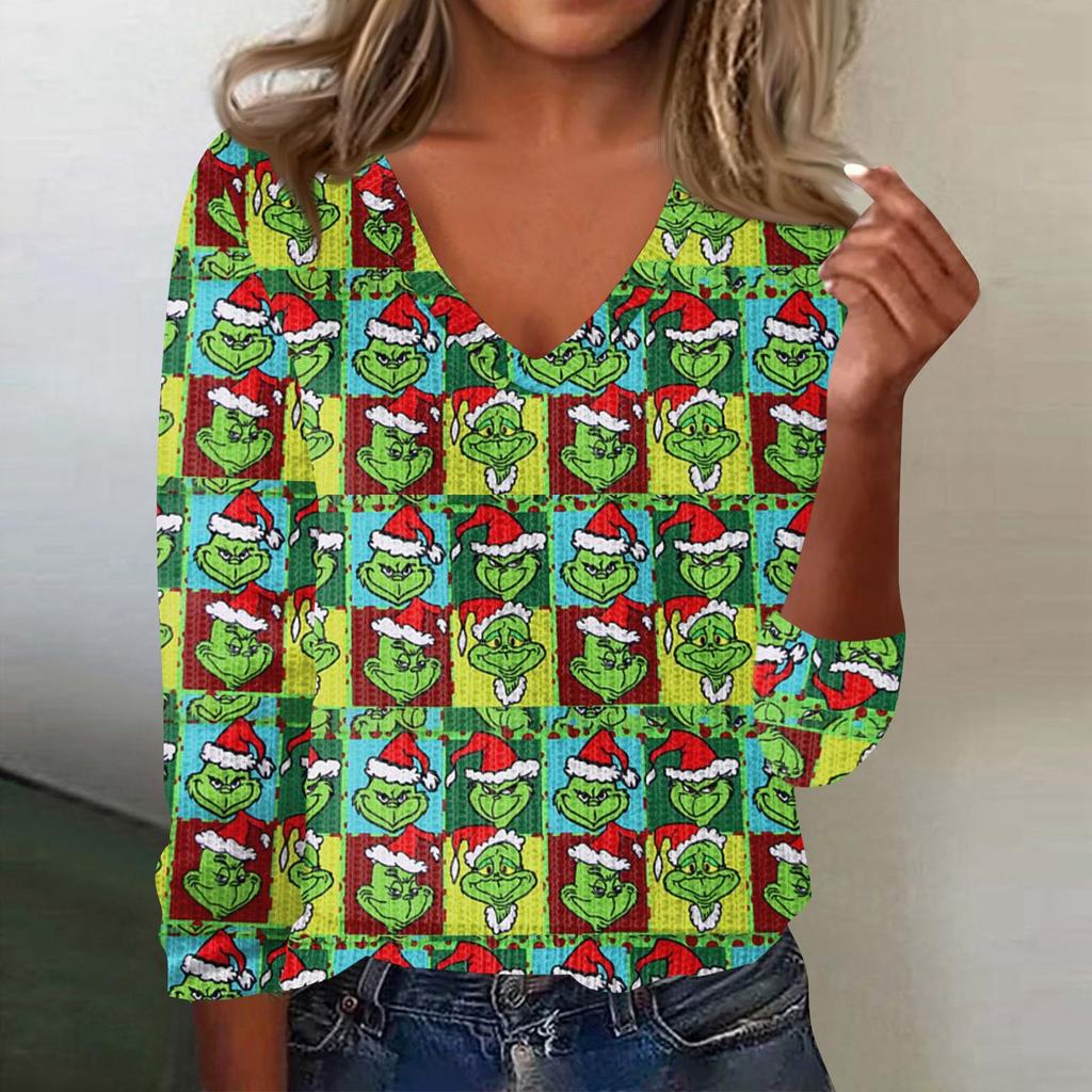 Women's Cute Sweatshirt Knitted Fashion Casual V-neck Long-sleeved  Cozy Print Top