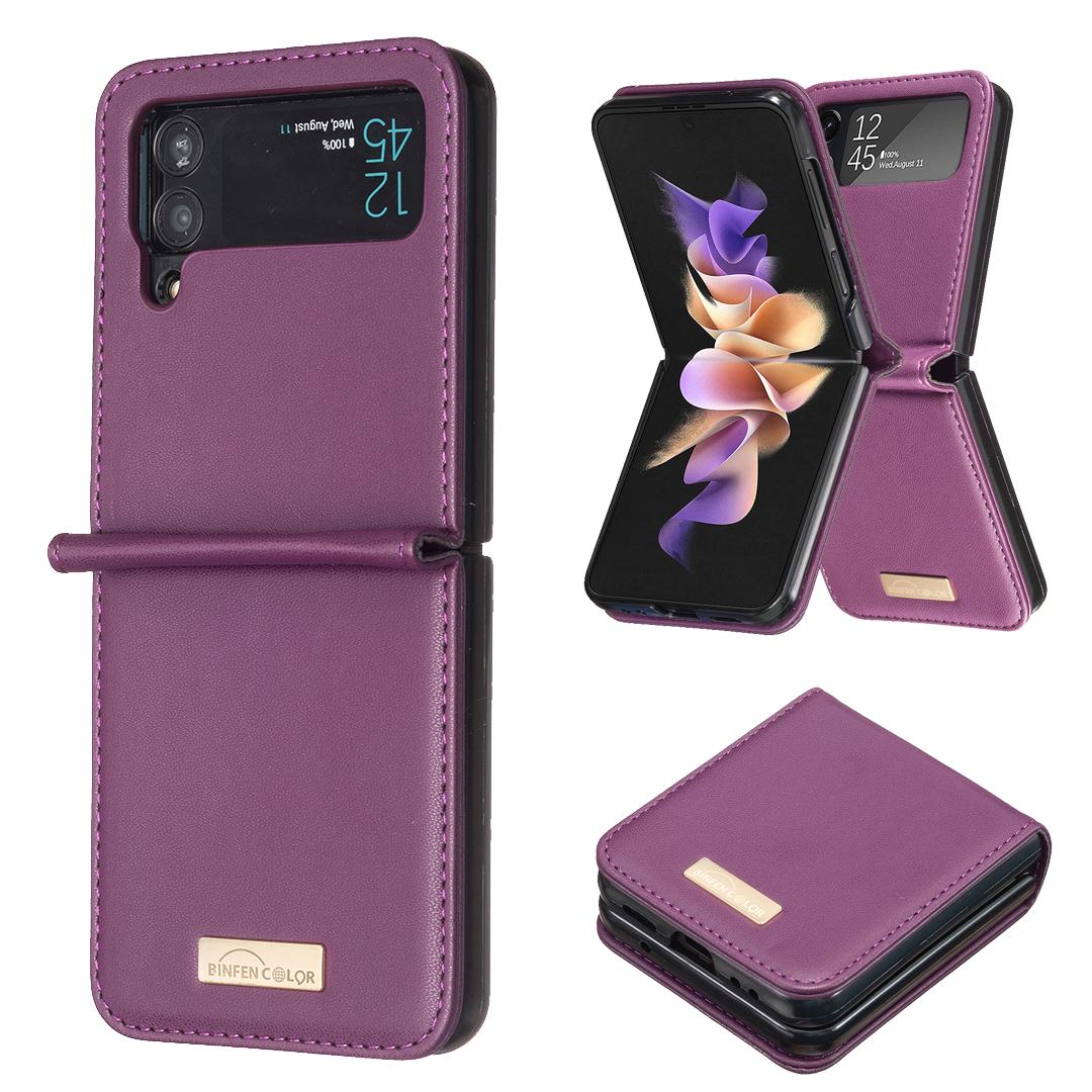 

BINFEN COLOR For Samsung Galaxy Z Flip4 5G PU Leather+Hard PC Shell Slim Protective Phone Case Cover Dark Purple