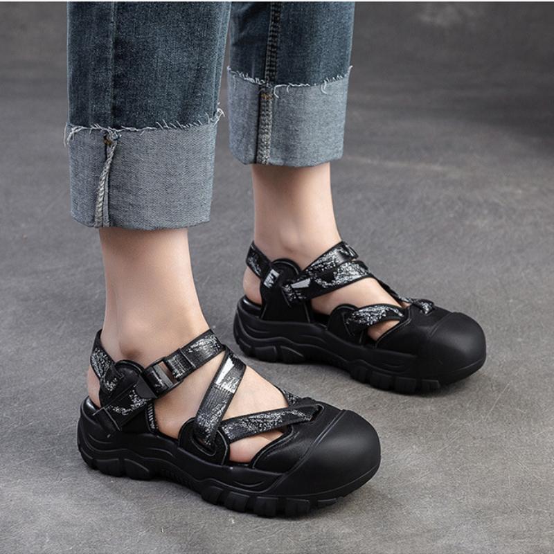 Johnature Leisure Thick Sole Round Toe Sandals Breathable Shallow Hook& Loop Casual Women's Shoes