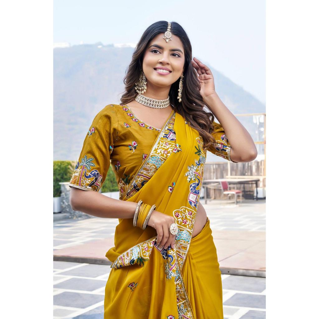 Real Modeling Collection – Premium Satin Chiffon Saree with Heavy Embroidery & Latkan Work