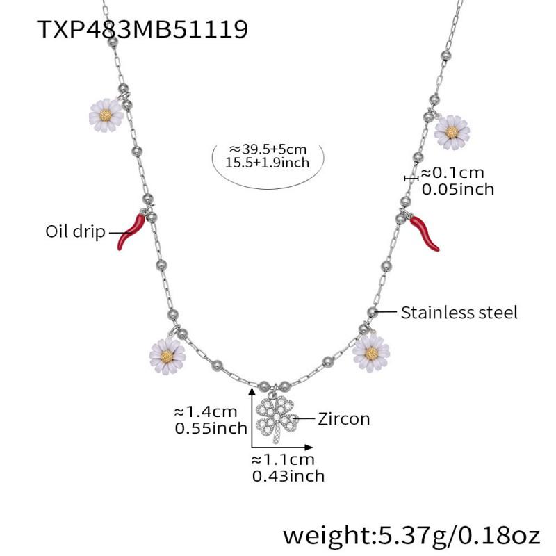 Stainless Steel Lucky Clover Daisy Pendant Necklace Bracelet Set Women Gold Mixed Color Fashion Jewelry