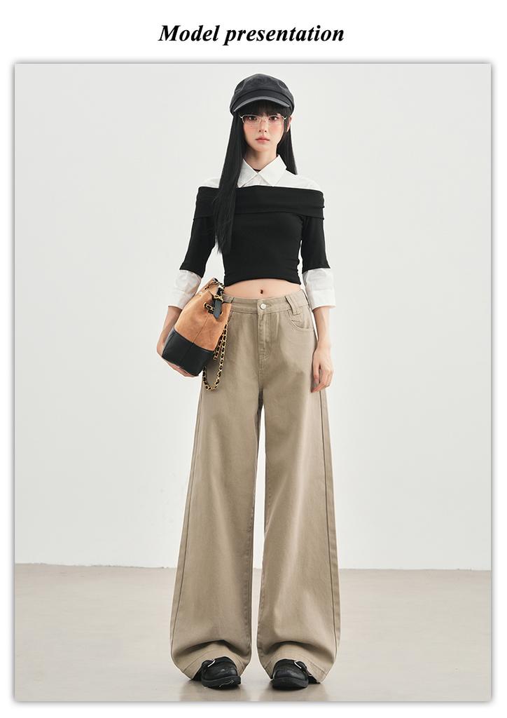 Romon Autumn/Winter Jeans Women's American Khaki High Waist Straight Tube Versatile Loose Look Thin Wide Legs Floor length Pants