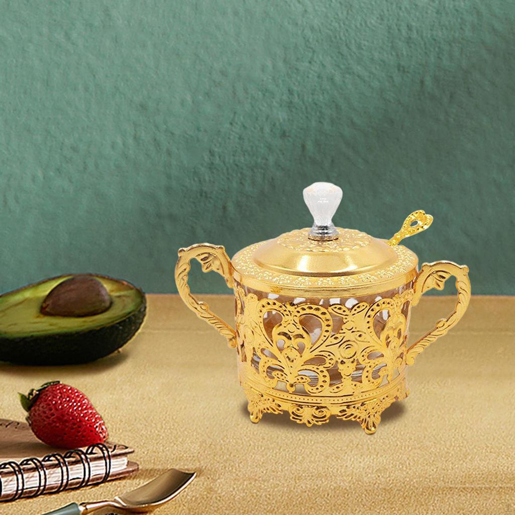 Sugar Bowl Spice Jar with Lid and Spoon Elegant Gold Storage Dry Food Container for Coffee Party