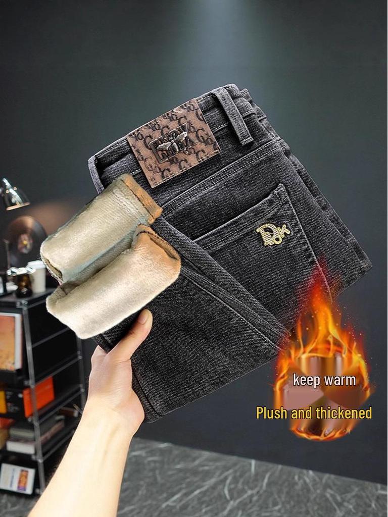 Men's Thickened Fleece-Lined Slim-Fit Stretch Jeans - Trendy, Warm, Versatile, Casual Straight-Leg Pants