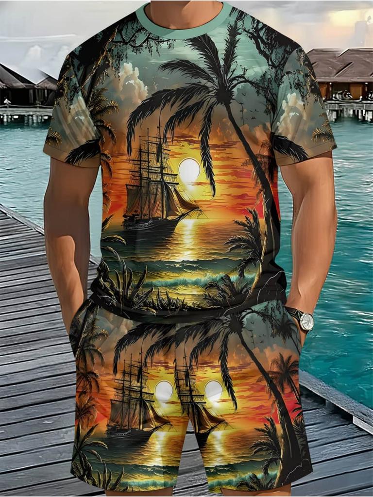 Men's 2 Piece Set Hawaiian Palm Tree Print Men's T-Shirt Shorts Set Casual Men's Short Sleeve Top Outdoor Beach Men's Short