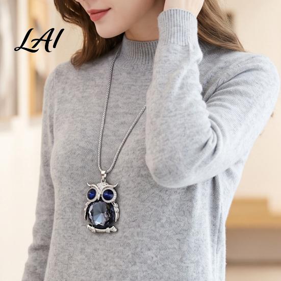 Gift for Mom And Friends Faux Crystal Owl Pendant Necklace Women Long Blue Sweater Chain Fashion Alloy Jewelry Accessory Daily Wear & Decoration