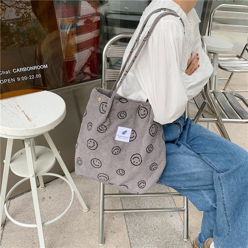 1 retro corduroy smiley face shoulder tote bag female student class canvas bag simple hand bag bag