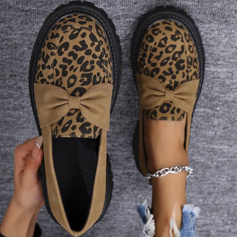 Fashion Leopard Faux Suede Loafers Shoes for Women Plus Size Platform Shoes Woman Bowknot Decoration Slip On Casual Shoes Mujer