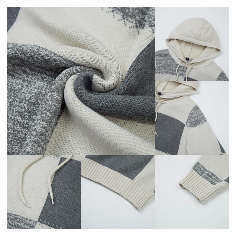 Men's Pullover Long Sleeve Knitted Autumn and Winter Casual Printed Hooded Sweater Top