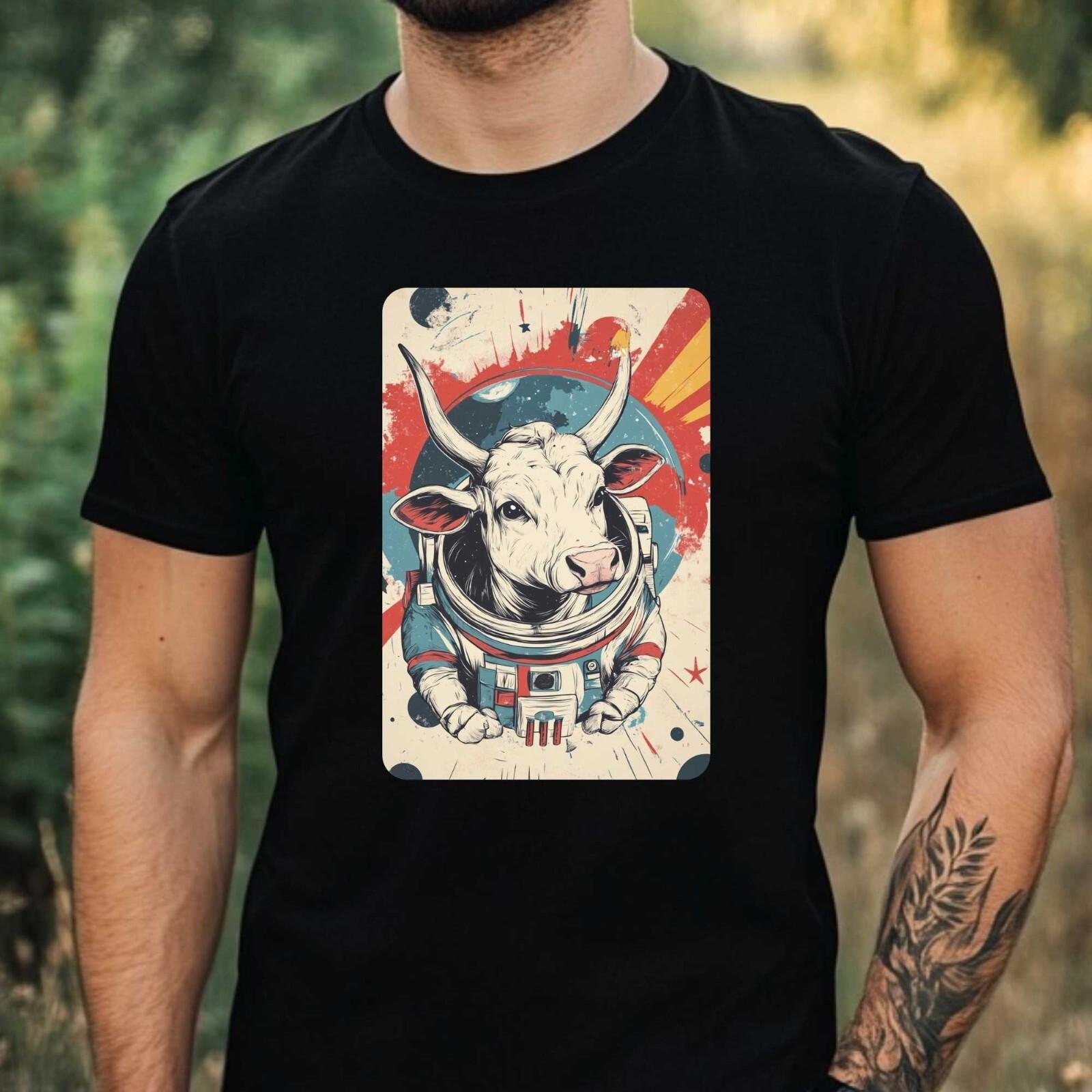 Mens Cow as Astronaut Motif Cotton T-Shirt Size XS to 5XL- XXXXL