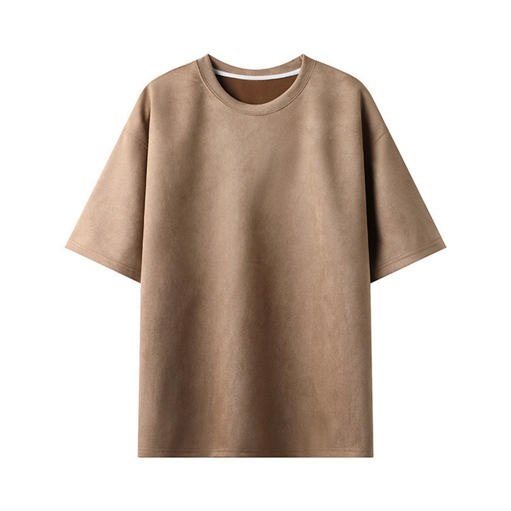 Men's Summer Trend Solid Color Suede Loose Round Neck Pullover Short-sleeved T-shirt