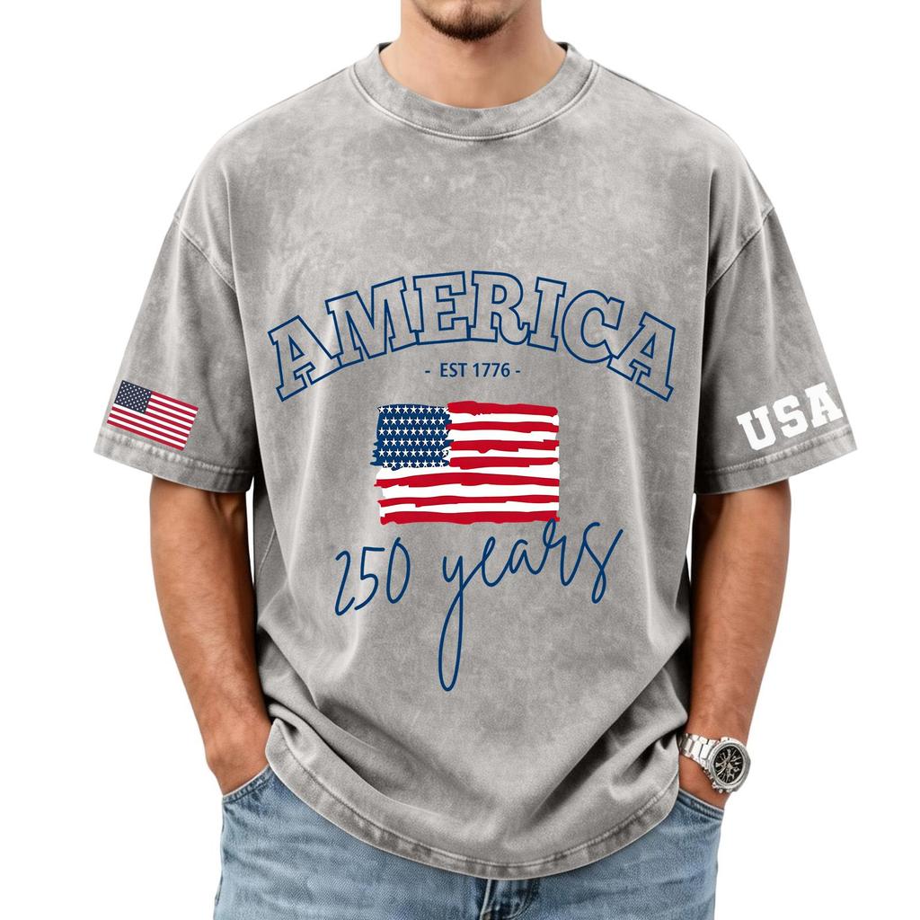 Herren lockeres und lässiges T-Shirt mit Flaggen-Buchstaben-Print - Trendiges gewaschenes kurzärmeliges Oberteil für Herren