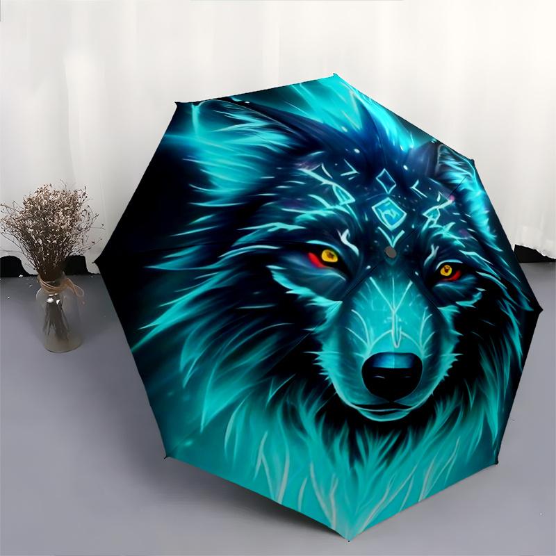 1pc Mystical Beast with Glowing Blue Fur Wolf Fully Automatic Folding Portable Umbrella, 8 Iron Frames, Three-Fold Design, Suitable for All Seaso