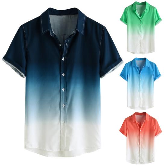 Stylish Men Short Sleeve Turn Down Collar Gradient Color Print Buttons Shirt