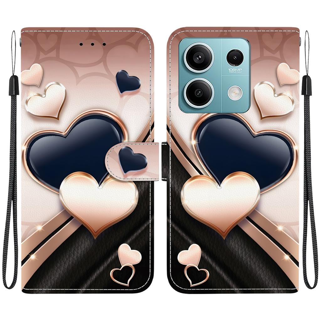 Handmade PU Leather Flip Case for Xiaomi Redmi Note 13 (5G) Anti-Slip Shockproof Cover with Wrist Strap & Heart/Rose Cat Designs
