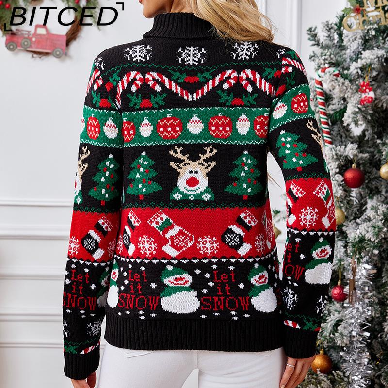 BITCED Women's Long-Sleeve High-Neck Sweater Fall/Winter Pullover Snowman Christmas Sweater