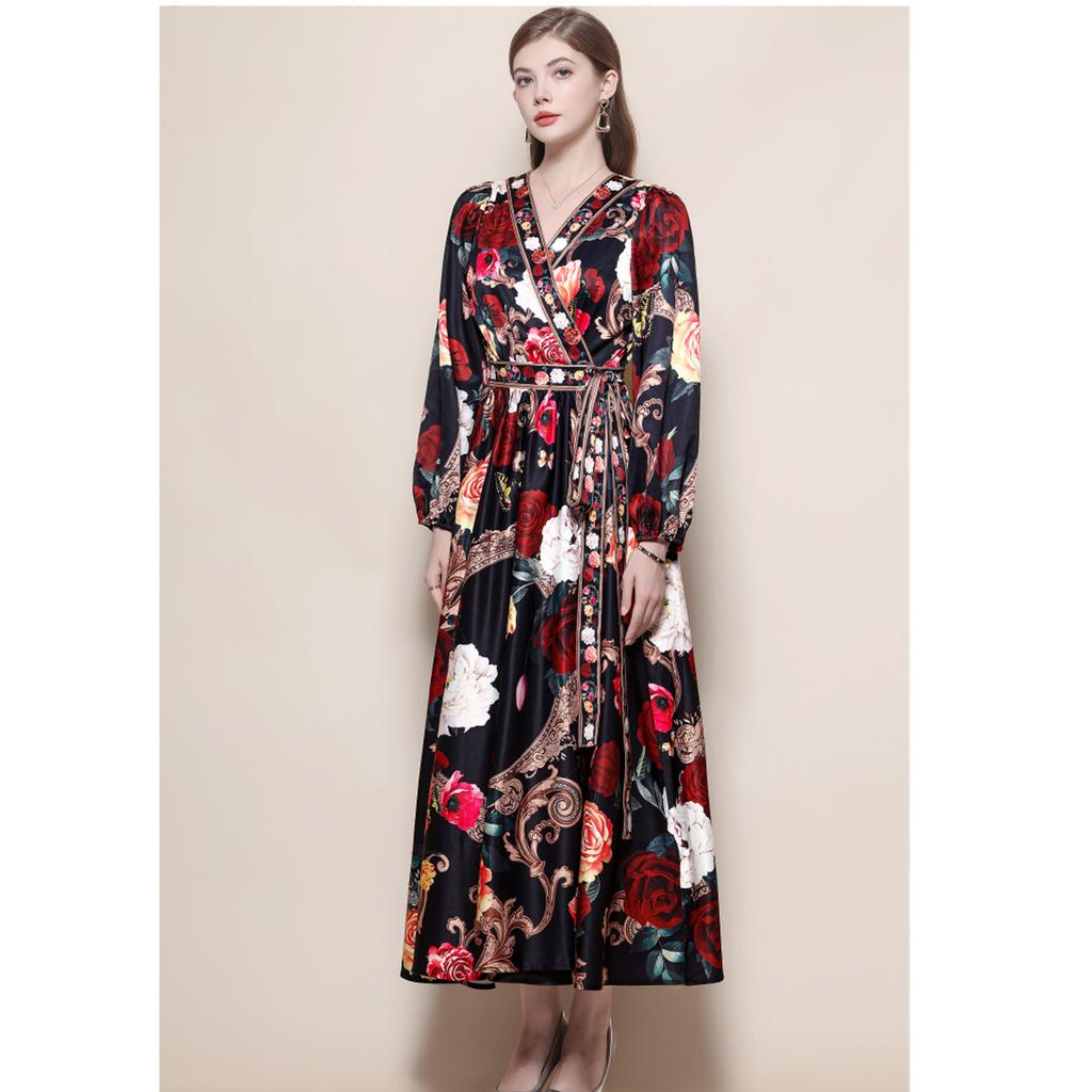 Bohemian Floral Printed Long Dress for Women Fashion V-neck Long Sleeve Oversized Maxi Dress Lady 2026 Chic Vacation Dress Robes