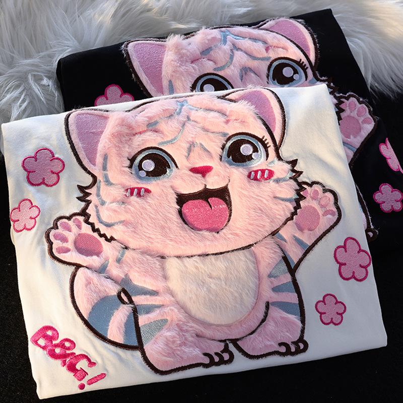 Guochao Oversized Flocked Cute Tiger Tee – Unisex Short-Sleeve, Niche Design, Couple Outfits