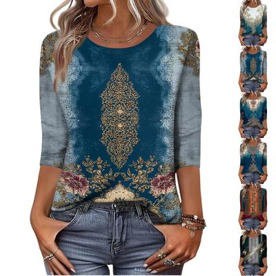 Trendiges Vintage 3/4-Arm-Oberteil für Damen, lässige Damen-Dreiviertelarm-Rundhals-T-Shirt-Bluse mit Aufdruck