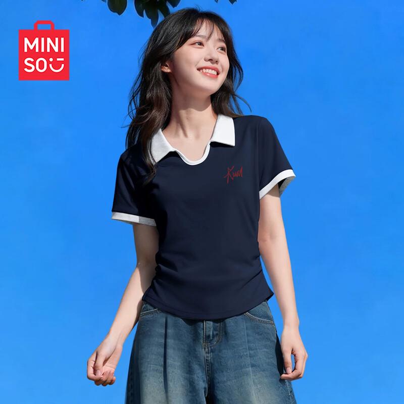 MINISO Women s Slim Fit Patchwork Polo Shirt L
