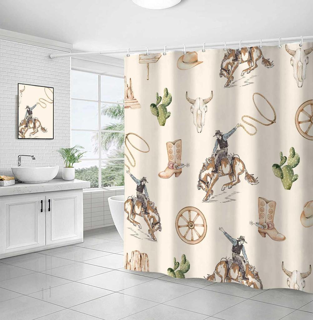 Západní kovbojský sprchový závěs, Kovboj z Divokého západu na koni, Kaktusové koupelnové závěsy, Farmářský venkovský motiv Amerického západu, Koupelna