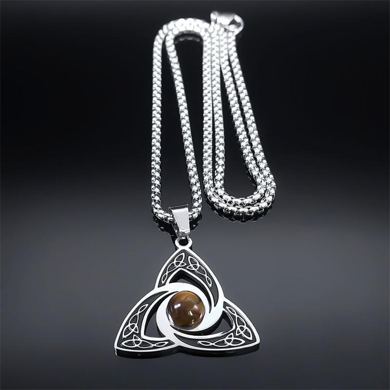 Viking Trinity Knot Mens Stainless Steel Tiger Eye Celtic Lucky Necklace