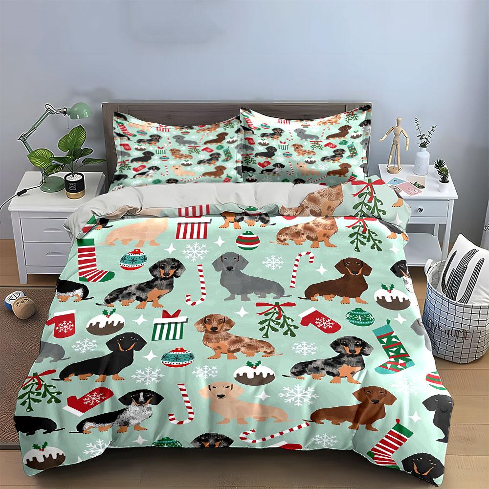 Christmas Dachshund Pattern Set Bedding Duvet Cover Set Duvet Cover Pillowcases (1*Duvet Cover 2*Pillowcases, without duvet insert)