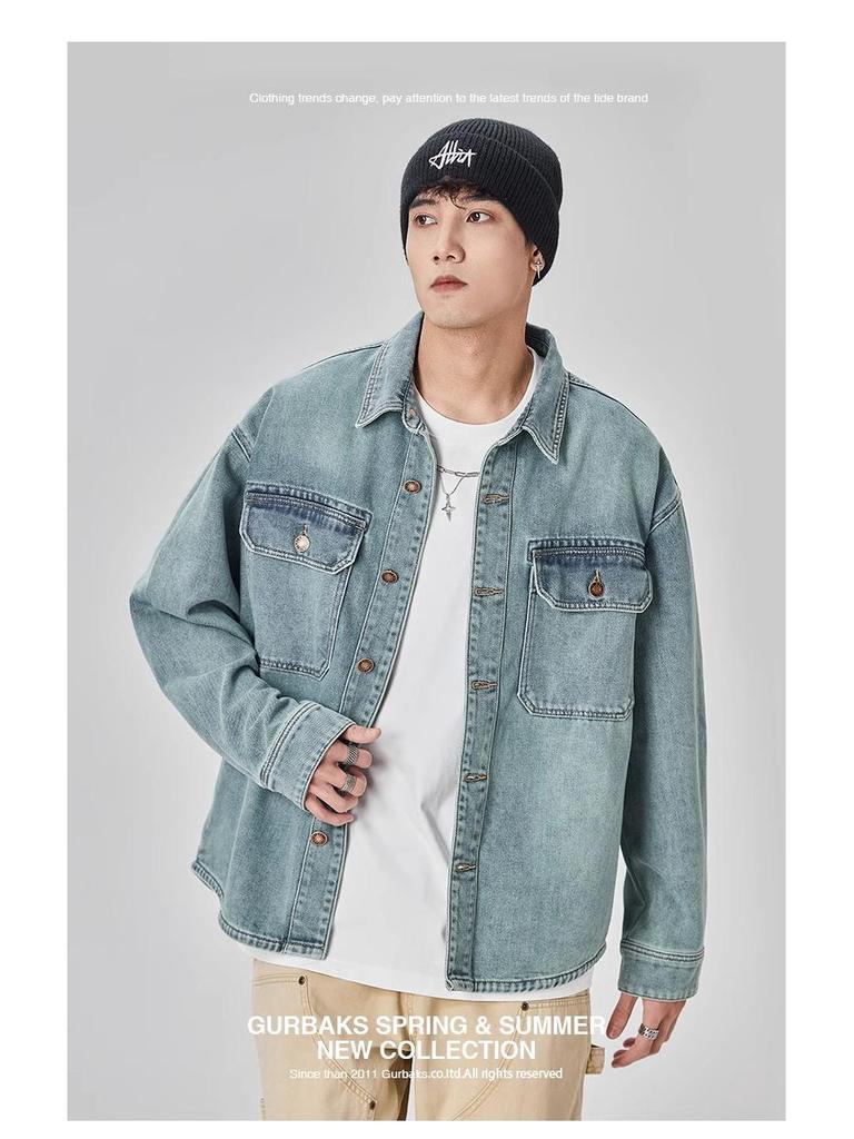 GURBAKS Herren Hellblaue Denim Hemdjacke - Trendige Workwear mit lockerer Passform für Frühling und Herbst