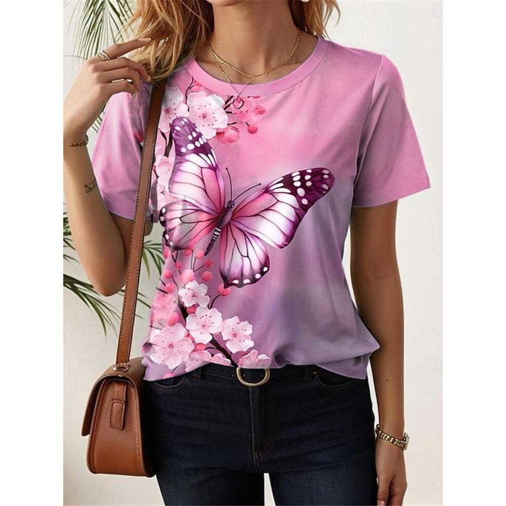 Camiseta de Verano para Mujer con Estampado 3D Cuello Redondo Moda Versátil Transpirable Tendencia Casual
