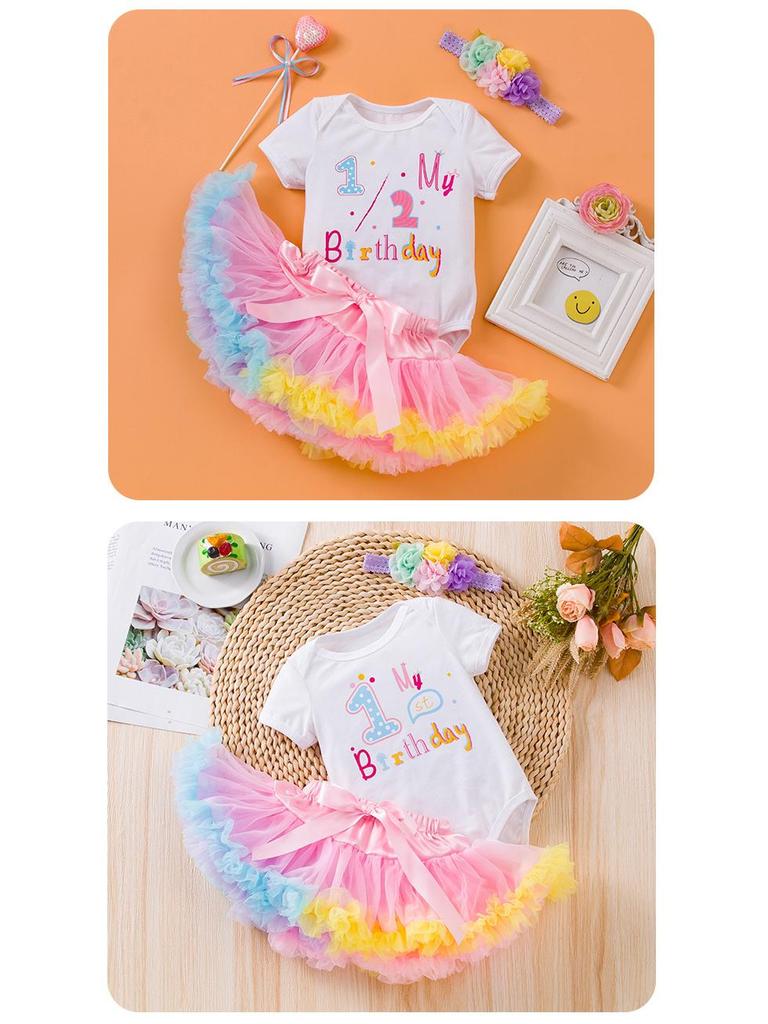 Neues Baby-Geburtstagsoutfit für Mädchen: 3-teiliges Set mit Strampler, Kurzarm-Onesie und Prinzessinnenkleid.