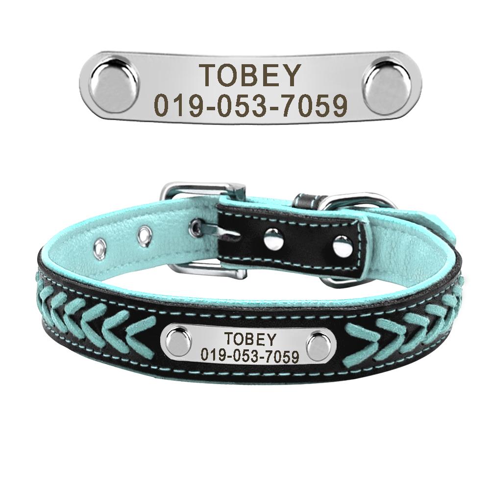 Personalized Dog Collar Leather Padded Dogs Braided Collars Free Engraving Pet ID Tag Nameplate for Small Medium Large Dogs